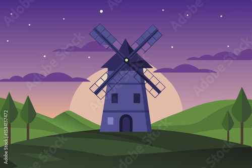 Dutch windmills dotting the rural landscape at night, their ancient architecture silhouetted against the sky, evoke a sense of traditional energy and agricultural heritage