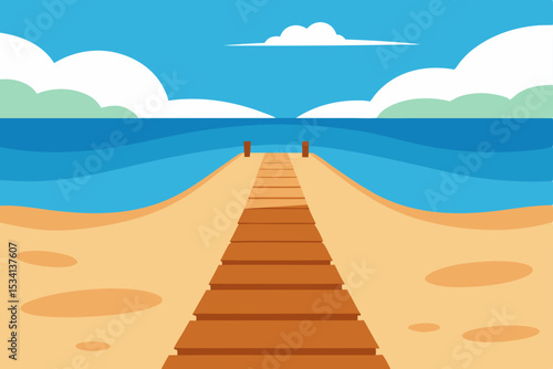 A picturesque wooden pier stretches over the tranquil turquoise sea toward the horizon, inviting summer travel and tropical island vacations