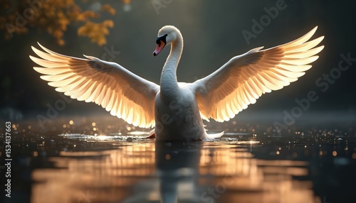 Fototapeta Naklejka Na Ścianę i Meble -  Graceful swan with spread wings on water. Digital art illustration. Swan in lake, beautiful light, bird with open wings. Elegance, freedom, beauty, wildlife. Elegant artistic design. Nature, swan