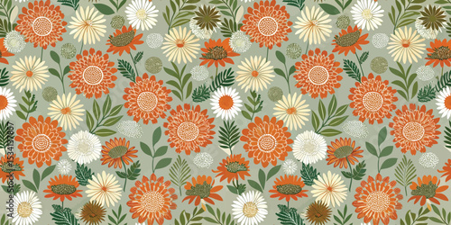 Vibrant floral pattern featuring orange and cream flowers on a green background.