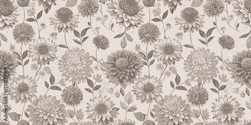 Elegant floral pattern featuring various flowers in neutral tones.