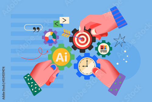 Modern creative concept for using AI technology to optimize, improve  and increase productivity and result with hands design . Business vector illustration for social media, banner or presentation
