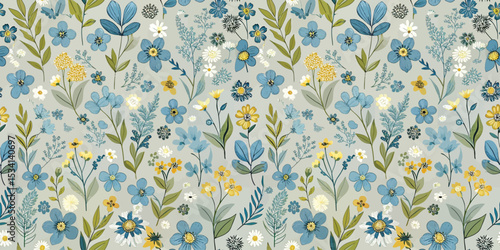 Delicate floral pattern featuring blue and yellow wildflowers on a soft background.