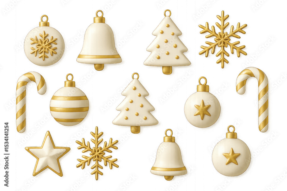 Fototapeta premium Christmas ornaments of various shapes and colors, including balls and stars, isolated on transparent background.