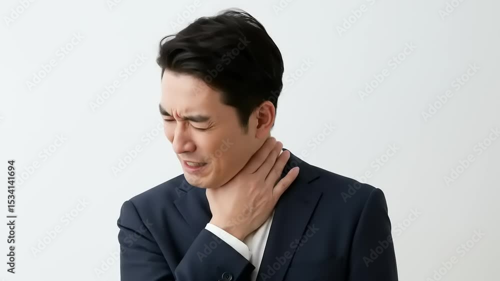 Businessman in a suit experiencing discomfort while holding his throat, with a neutral background Businessman in a suit experiencing discomfort while holding his throat, with a neutral background
