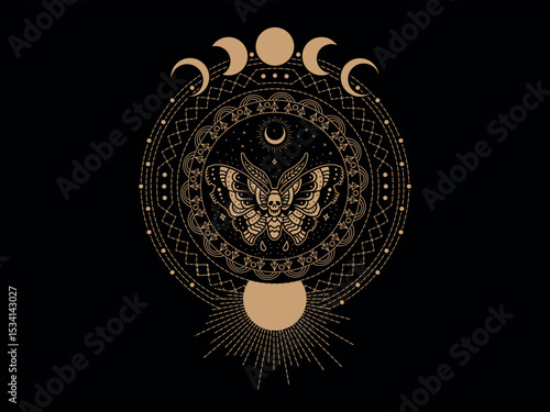 Mystical Moth with Moon Phases and Sacred Geometry Vector