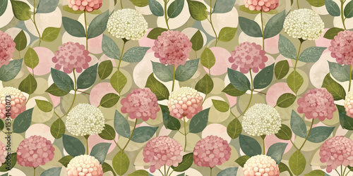 Delicate floral pattern featuring hydrangeas in soft pastel colors.