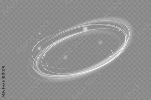 Motion circle light wave. Glowing round swirl lines with glitter particles. Glitter sparkle swirl trail effect. Sparkling magic white fire circle ring footprint. Bokeh effect. Smoke flow. Vector.