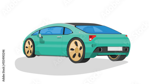 Sleek turquoise cartoon style car. With gold wheels is shown from a rear three quarter view on a white background. It has tinted windows and a dark roof suggesting a modern sporty design.