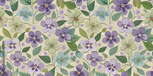 Vibrant floral pattern featuring purple and green flowers on a soft background.