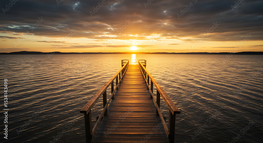 Fototapeta premium Wooden Pier Leading to Sunset Over Calm Lake