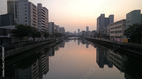 Serene cityscape at dawn, reflecting in a calm canal, flanked by buildings and trees.  The tranquil scene shows a peaceful urban environment at sunrise