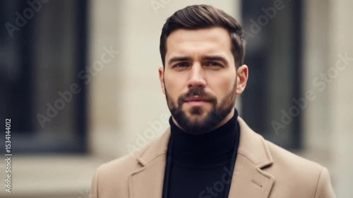 Handsome man in tan coat and black turtleneck stylish fashion