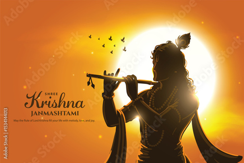 Happy Janmashtami with lord Krishna silhouette on sunset background. Creative Vector Illustration design