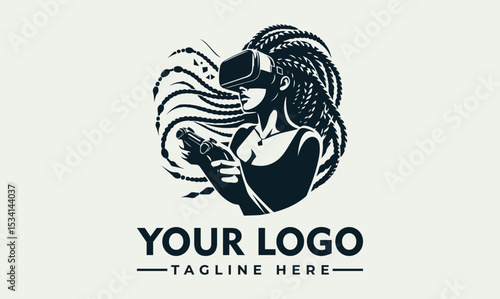 Intrigued woman with long braids wearing a virtual reality headset and holding a game controller with attached microphones. Immersive gaming concept