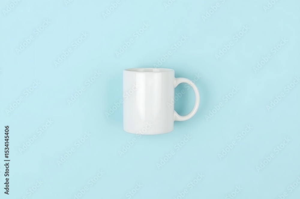 Obraz premium A modern, minimalist photo featuring a white ceramic coffee mug placed in the center of a solid pastel blue background