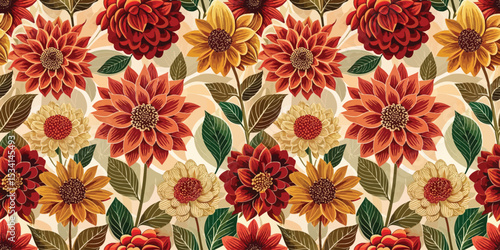 Vibrant floral pattern featuring red, yellow, and orange flowers on a soft background.