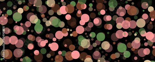 Pink gold confetti circle decoration for Christmas banner background. Bokeh lights effect vector. Gold, pink and rose color round confetti dots, circles scatter on black. Beautiful bokeh background.