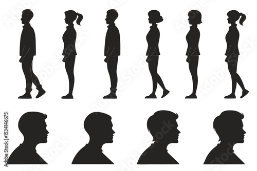 Silhouetted figures representing different genders and hair styles in minimalist monochrome style