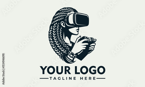 Intrigued woman with long braids wearing a virtual reality headset and holding a game controller with attached microphones. Immersive gaming concept