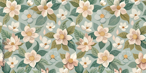 Delicate floral pattern featuring soft pink and cream flowers with lush green leaves.