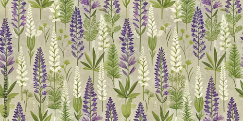 Colorful floral pattern featuring lavender and lush green plants.