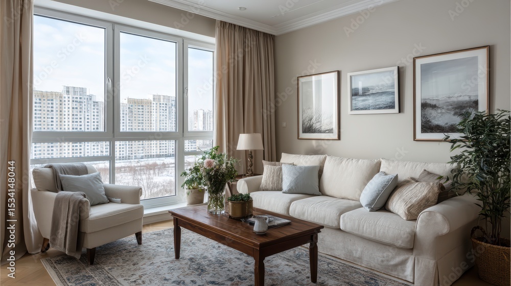 Sillones blancos y sofá de tela frente a una ventana con cortinas beige. Diseño de interiores de una sala de estar moderna.
Sillones blancos y sofá de tela frente a una ventana con cortinas beige. Diseño de interiores de una sala de estar moderna.