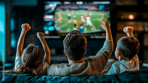 Family cheering at television watching football game with raised arms in living room at night time
