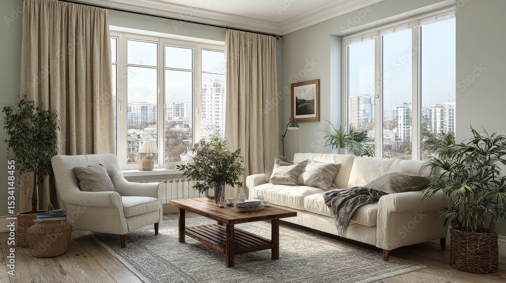 Sillones blancos y sofá de tela frente a una ventana con cortinas beige. Diseño de interiores de una sala de estar moderna.
Sillones blancos y sofá de tela frente a una ventana con cortinas beige. Diseño de interiores de una sala de estar moderna.