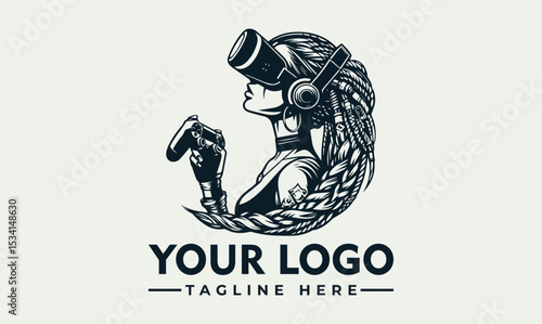 Intrigued woman with long braids wearing a virtual reality headset and holding a game controller with attached microphones. Immersive gaming concept