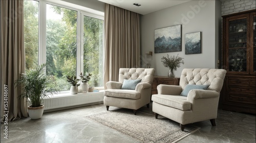
Sillones blancos y sofá de tela frente a una ventana con cortinas beige. Diseño de interiores de una sala de estar moderna.