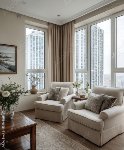 
Sillones blancos y sofá de tela frente a una ventana con cortinas beige. Diseño de interiores de una sala de estar moderna.