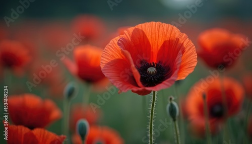 Red poppy flowers in sunlight against blurry green background. Blossom, nature, floral composition with bright vivid petals, detailed stamen. Summer season wildflower beauty, meadow rural scene.