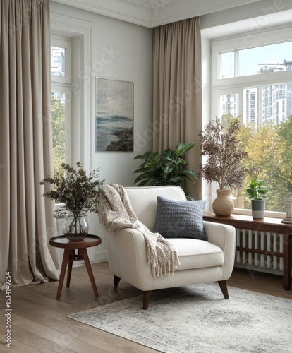 
Sillones blancos y sofá de tela frente a una ventana con cortinas beige. Diseño de interiores de una sala de estar moderna.