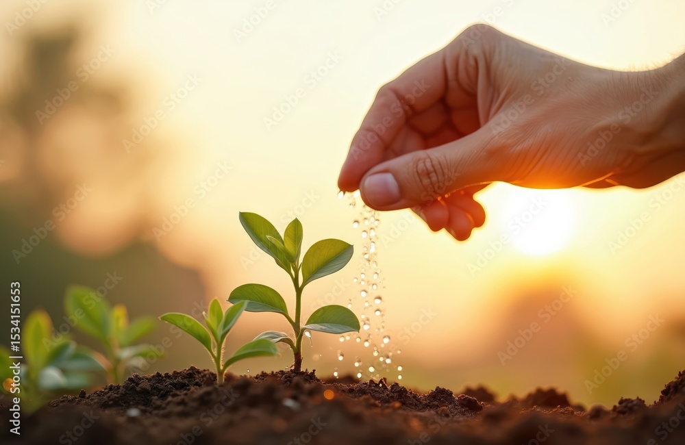 Fototapeta premium Hand waters young baby plants growing in germination sequence on fertile soil at sunset. Concept of new life, care, investment, growth, beginning. Agriculture eco environment, green, spring,