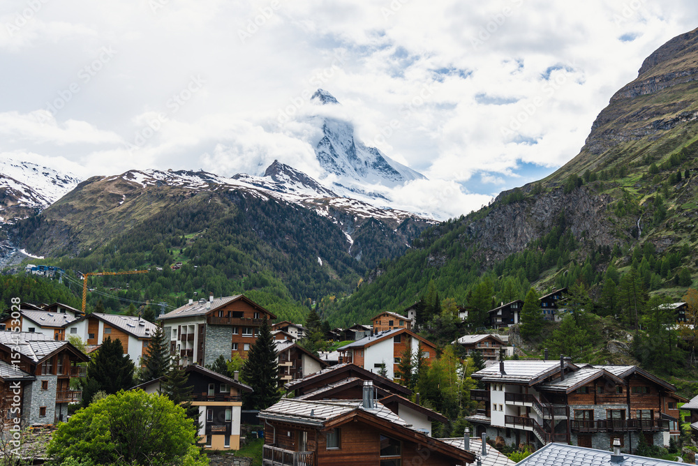 Classic Swiss View Matterhorn Rising Above Zermatt’s Rooftops Classic Swiss View Matterhorn Rising Above Zermatt’s Rooftops