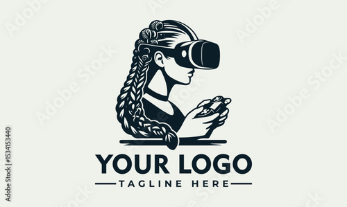 Intrigued woman with long braids wearing a virtual reality headset and holding a game controller with attached microphones. Immersive gaming concept