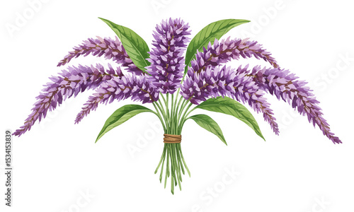 Floral Bouquet with Purple Flowers and Green Leaves Illustration on transparent background