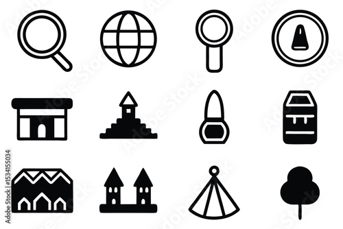Set of twelve minimalist icons representing global, architectural, and everyday concepts