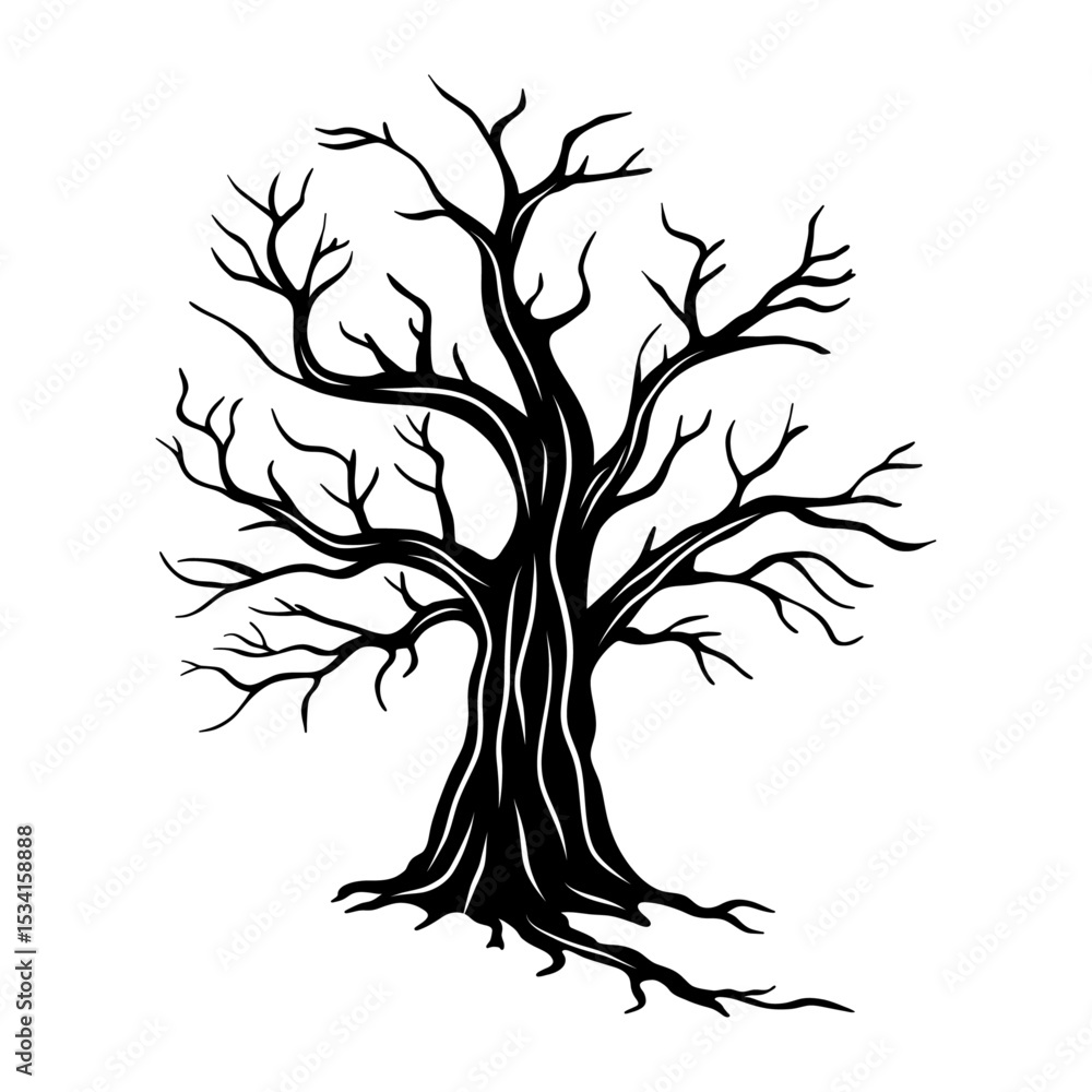 Obraz premium Bare spooky tree silhouette. Halloween element decoration creepy tree. Line art collection 