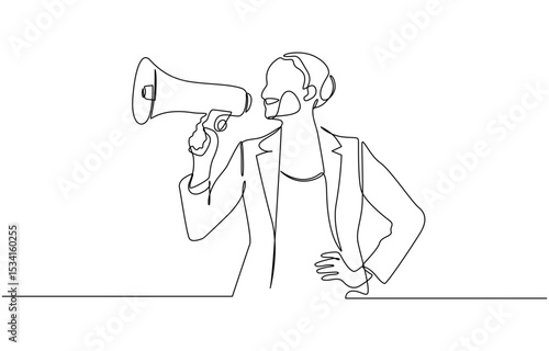 Woman holding megaphone to speak up continuous one line drawing, One continuous line drawing of a girl with a megaphone . An energetic female speaks loudly into a loudspeaker.