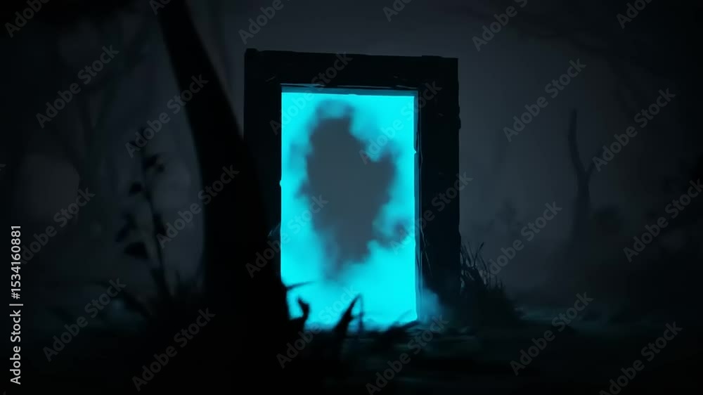 Mysterious glowing portal in a dark forest, surrounded by twisted trees and shadows Mysterious glowing portal in a dark forest, surrounded by twisted trees and shadows