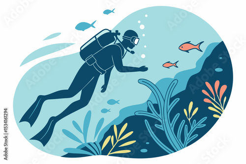 Scuba diver exploring coral reef underwater with tropical fish in the ocean