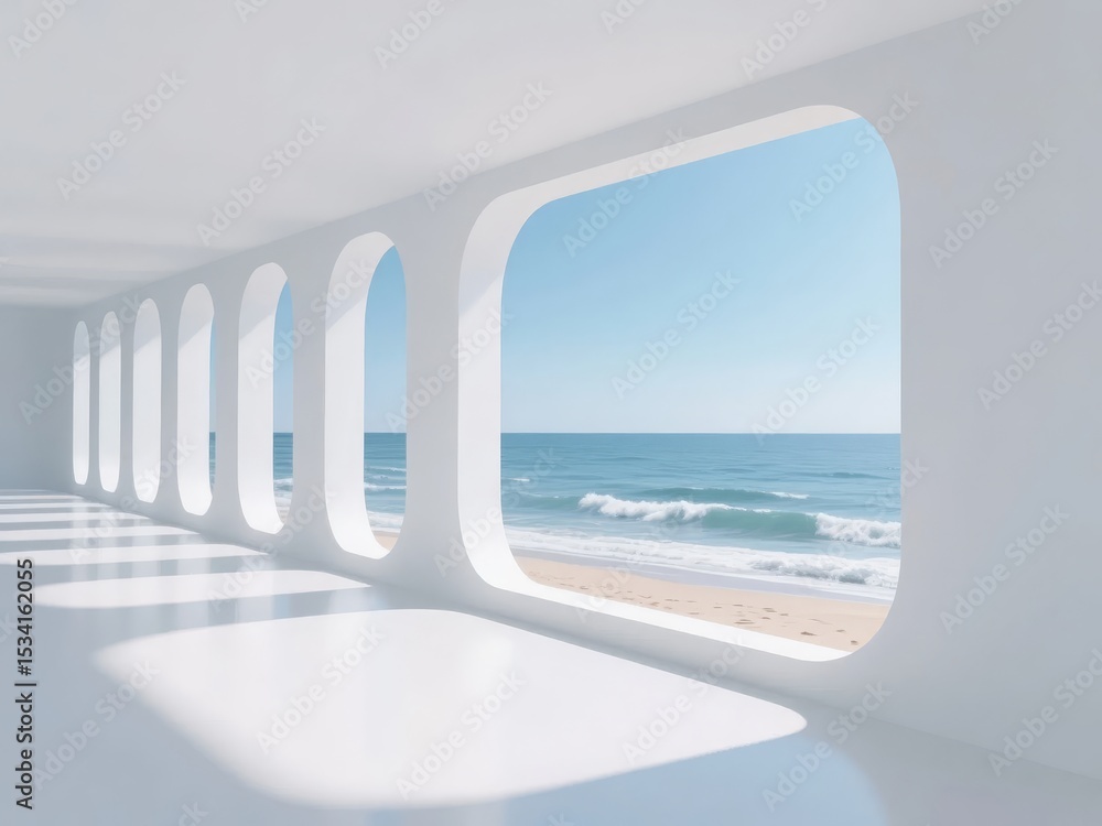 Fototapeta premium Modern Corridor with Ocean View Through Oval Windows