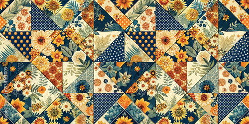 Colorful floral patchwork pattern with vibrant sunflowers and geometric designs.