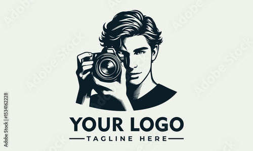 Stylish portrait illustration of a young man holding a professional DSLR camera. Photography hobby concept