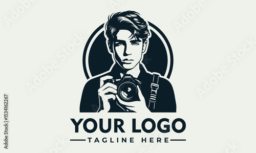Stylish portrait illustration of a young man holding a professional DSLR camera. Photography hobby concept