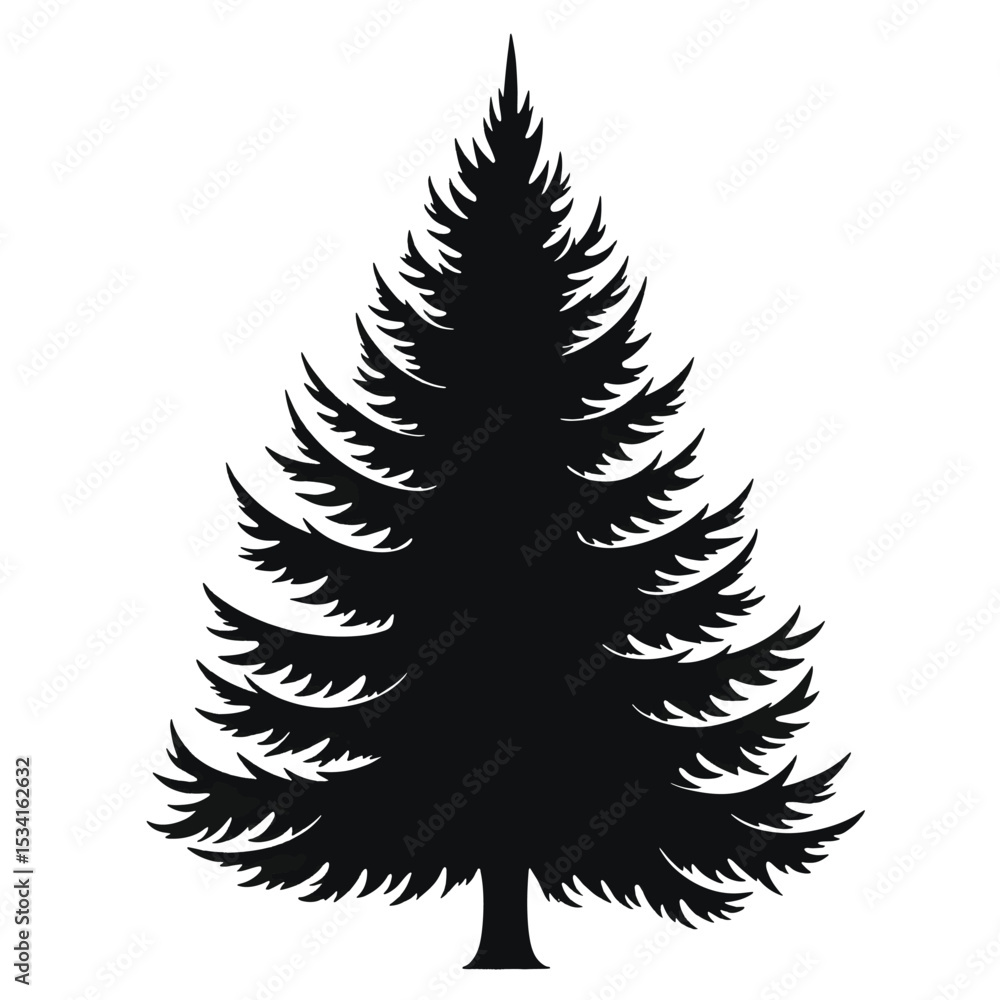 Fototapeta premium Sharp Triangular Fir Tree Black Silhouette Vector with Needle Layers in Minimal Flat Style Isolated on White Background Full HD