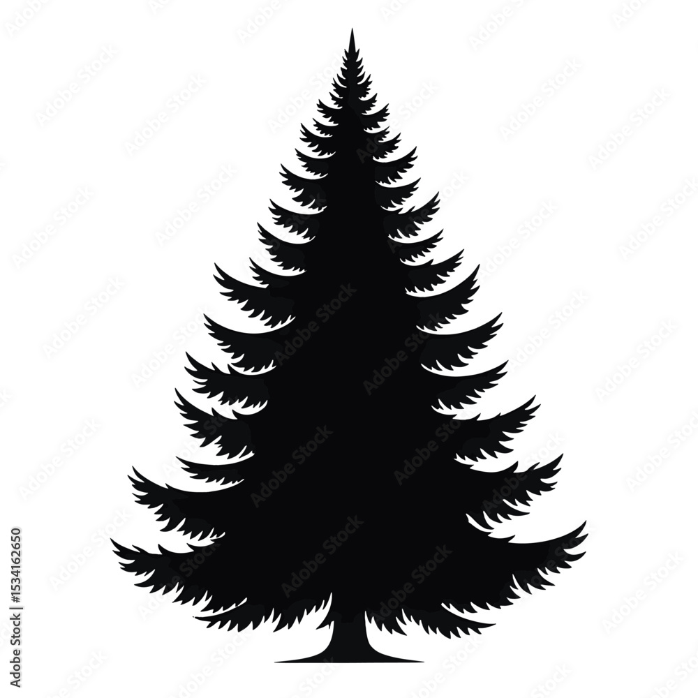 Fototapeta premium Sharp Triangular Fir Tree Black Silhouette Vector with Needle Layers in Minimal Flat Style Isolated on White Background Full HD