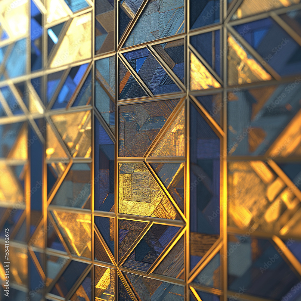 Fototapeta premium Geometric Glass Wall: A captivating close-up of a meticulously crafted wall, featuring an intricate geometric design of golden-framed glass panels.